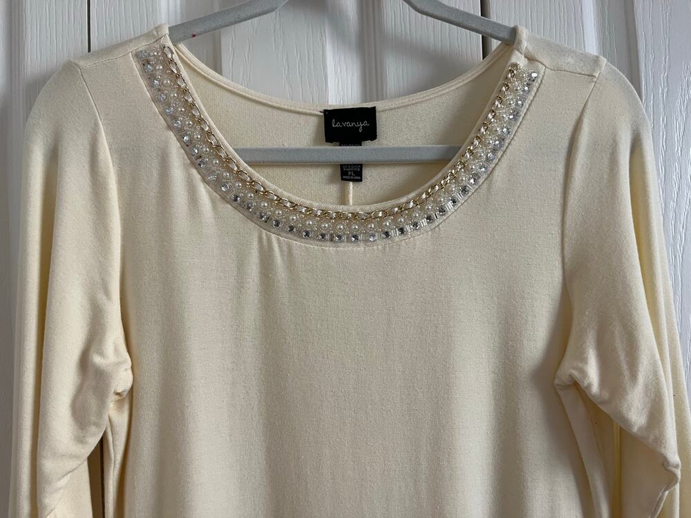 La Vanya Cream Beaded Jeweled Flattering Scooped Round Neck Sweater Blouse PL
